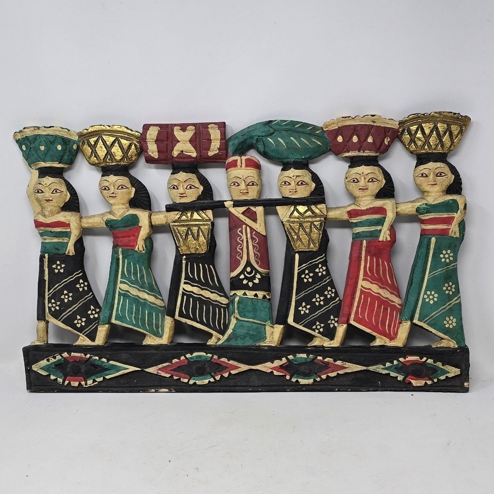 Vtg Balinese hand carved wood wall art procession figures painted gold relief
